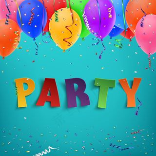 五颜六色的手工派对，彩色纸屑、气球和蓝色背景上的彩色丝带。