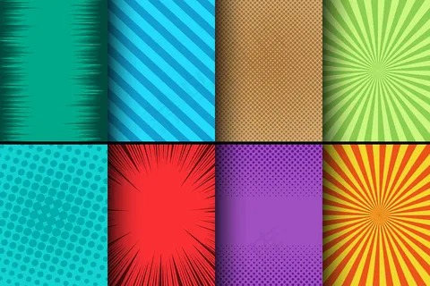 带有半色调放射状条纹和射线幽默效果的彩色卡通套装。