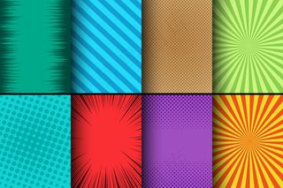 带有半色调放射状条纹和射线幽默效果的彩色卡通套装。