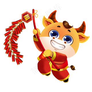 春节卡通牛壮壮放鞭炮