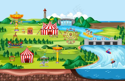 主题游乐园的景观场景和许多游乐设施与快乐的孩子