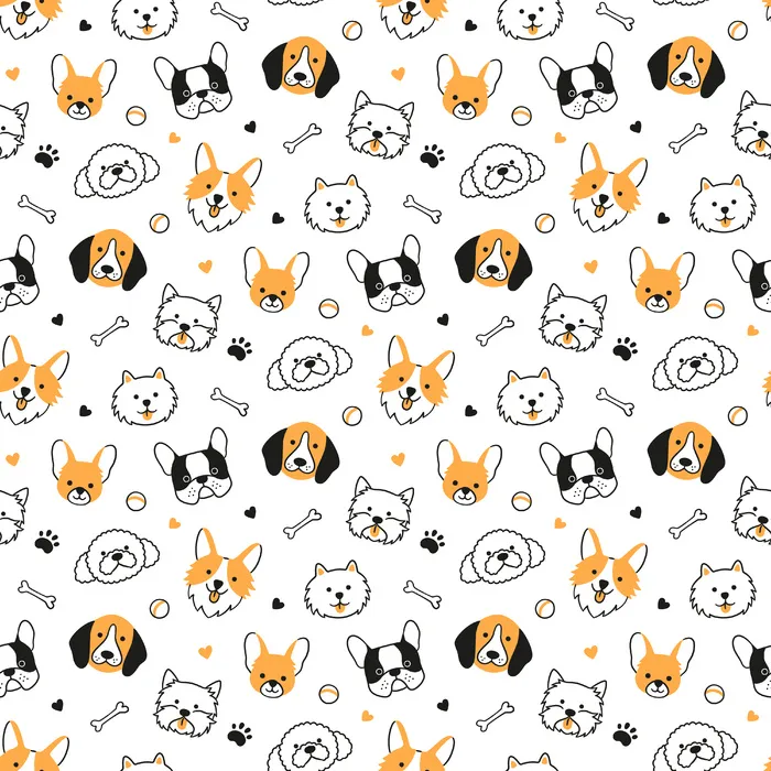 与不同品种的狗头的无缝模式。柯基犬、比格犬、吉娃娃、梗犬、博美犬。狗脸的纹理。手绘矢量图在白色背景上的涂鸦风格eps,ai矢量模版下载