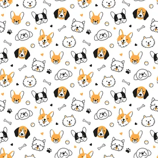 与不同品种的狗头的无缝模式。柯基犬、比格犬、吉娃娃、梗犬、博美犬。狗脸的纹理。手绘矢量图在白色背景上的涂鸦风格