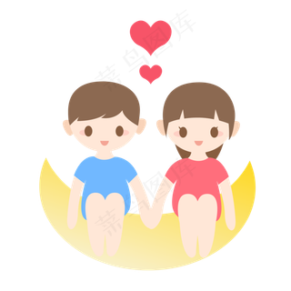 七夕节卡通爱心男孩女孩牵手坐在