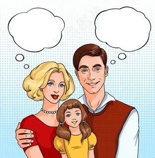 幸福的家庭。父亲,母亲和女儿与声音云。漫画风格的波普艺术插图。 幸福的家庭。父亲,母亲和女儿与声音云。漫画风格的波普艺术插图。