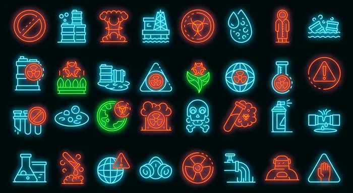 生物危害图标设置。黑色上的生物危害矢量图标霓虹色的轮廓集eps,ai矢量模版下载