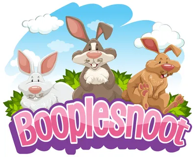 许多兔子卡通人物与孤立的 booplesnoot 字体横幅banner