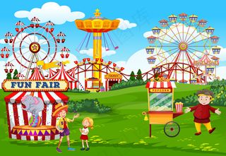 带有马戏团和爆米花车主题场景的游乐园