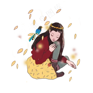 秋日秋天美女落叶翠鸟伤秋清新P