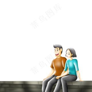 坐在平台上赏月的情侣元素设计