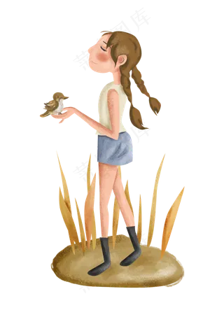 立秋野外的女孩和麻雀