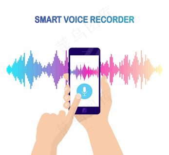 来自均衡器的音频梯度波。带有麦克风图标的手机。用于语音记录的手机app手机app移动应用程序app