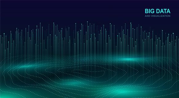 大数据可视化。数据流的未来宇宙设计。流动粒子的抽象数字背景。带有线条的发光分形元素。