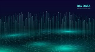 大数据可视化。数据流的未来宇宙设计。流动粒子的抽象数字背景。带有线条的发光分形元素。