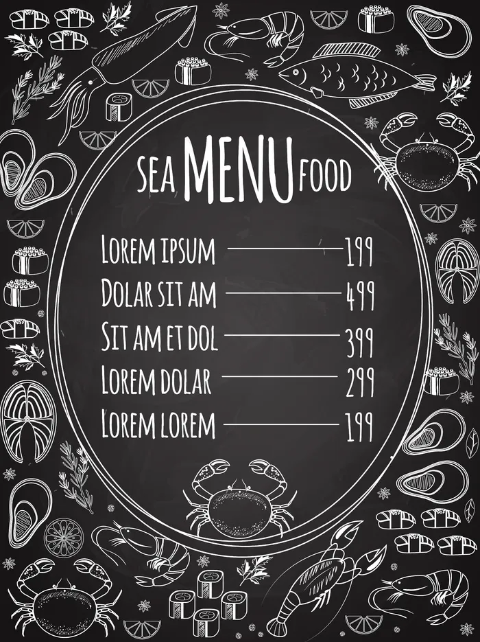 海鲜黑板菜单，*椭圆形框架，价格清单，周围是白色矢量线图，图为鱼、鱿鱼、龙虾、螃蟹、寿司、虾、贻贝、三文鱼牛排和香草eps,ai矢量模版下载