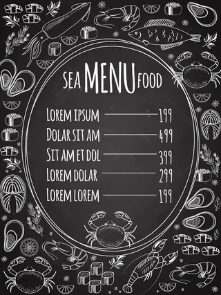 海鲜黑板菜单，*椭圆形框架，价格清单，周围是白色矢量线图，图为鱼、鱿鱼、龙虾、螃蟹、寿司、虾、贻贝、三文鱼牛排和香草