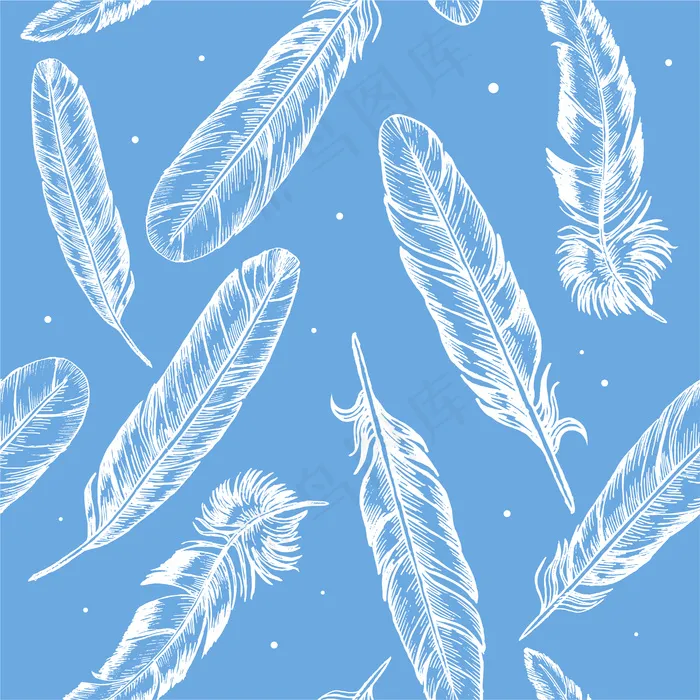 羽毛手绘素描波西米亚或民族风格的背景图案蓝色。