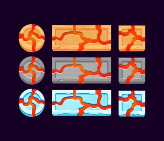 一套gui木制、石头和冰，带有熔岩按钮，用于游戏ui资产元素