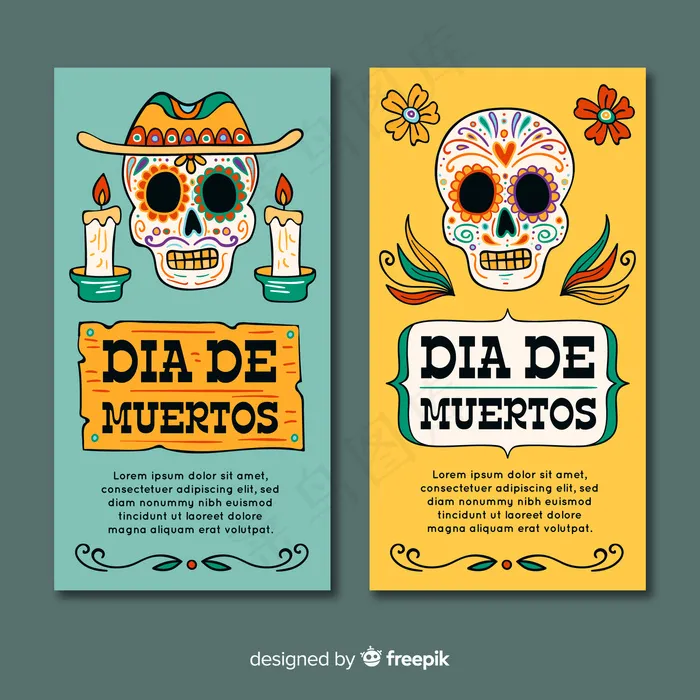 前视图现代头骨día de muertos横幅bannereps,ai矢量模版下载