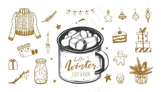 你好冬天和圣诞快乐手绘集。