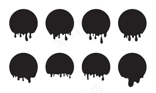 带滴水的黑色圆圈。圆润的形状。墨迹涂鸦飞溅模板