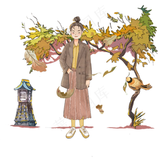 秋日秋季清新西服少女金黄藤蔓日