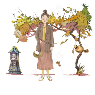 秋日秋季清新西服少女金黄藤蔓日