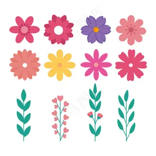 一套可爱的花朵，枝叶自然