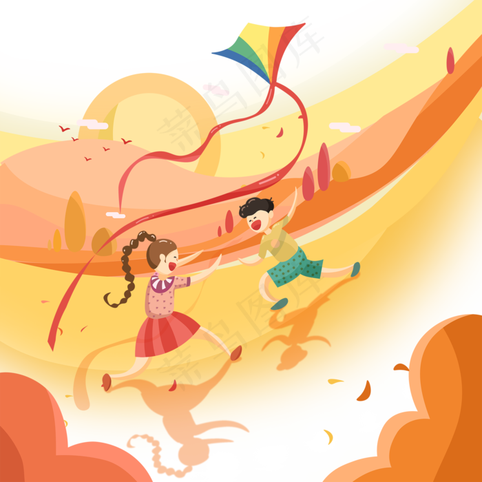 秋日郊游少年少女放风筝田野金黄