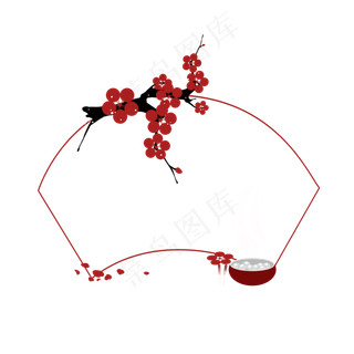 中国风冬至扇形梅花边框png免抠