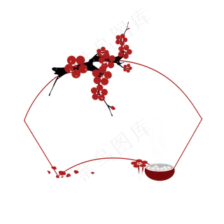 中国风冬至扇形梅花边框png免抠