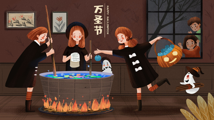 万圣节孩子们窗外偷看魔女炼药(2880*1620px 300 dpi )psd模版下载