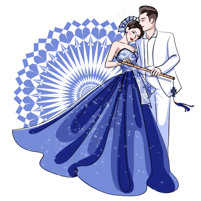 七夕情人节宝蓝色唯美卡通情侣P(3000X3000(DPI:300))psd模版下载