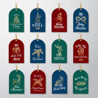 圣诞节和新年准备使用金色闪光礼品标签或标签模板集。