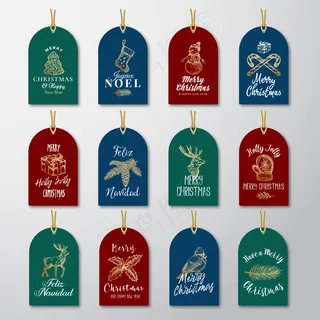 圣诞节和新年准备使用金色闪光礼品标签或标签模板集。