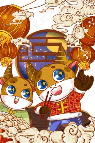 2021年春节牛年卡通喜庆年夜饭