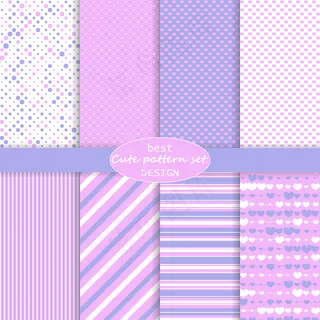 可爱的图案套装。红心背景。情人节。粉色，紫色。圆点，条纹，心形图案。纸张套装。
