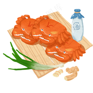 手绘大闸蟹葱蒜酒PNG免抠素材