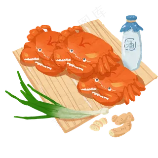 手绘大闸蟹葱蒜酒PNG免抠素材