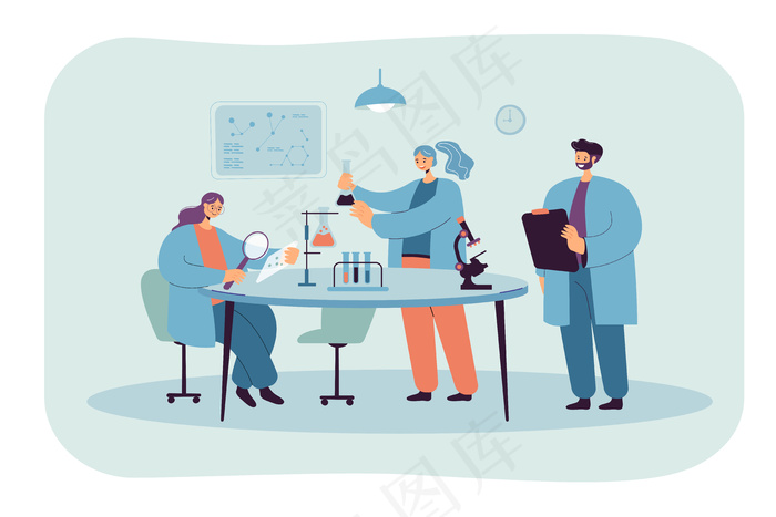 快乐的科学家在实验室隔离平面插图中进行研究。