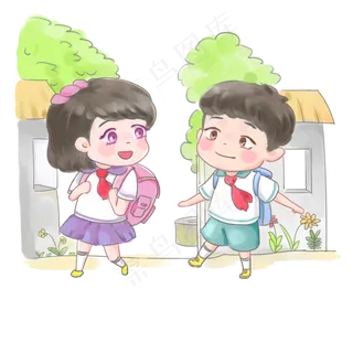 卡通手绘开学日上学的小学生