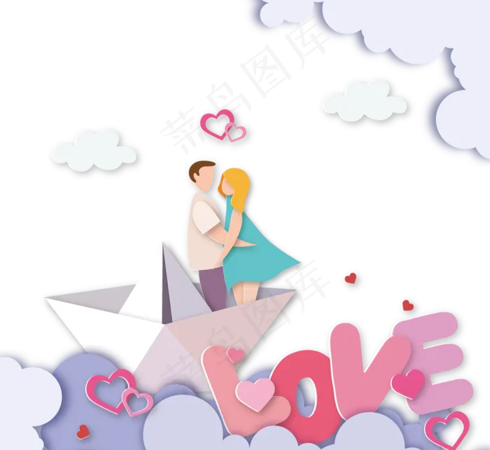情人节情侣帆船云三维剪纸(1200*1200px 300 dpi )ai矢量模版下载