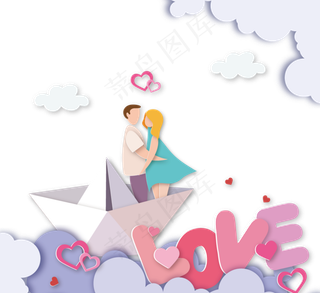 情人节情侣帆船云三维剪纸