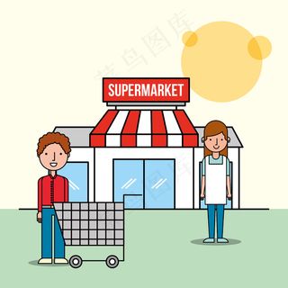 女售货员和顾客男带着购物车在超市前面