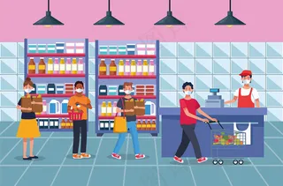 人们戴着口罩在超市购物