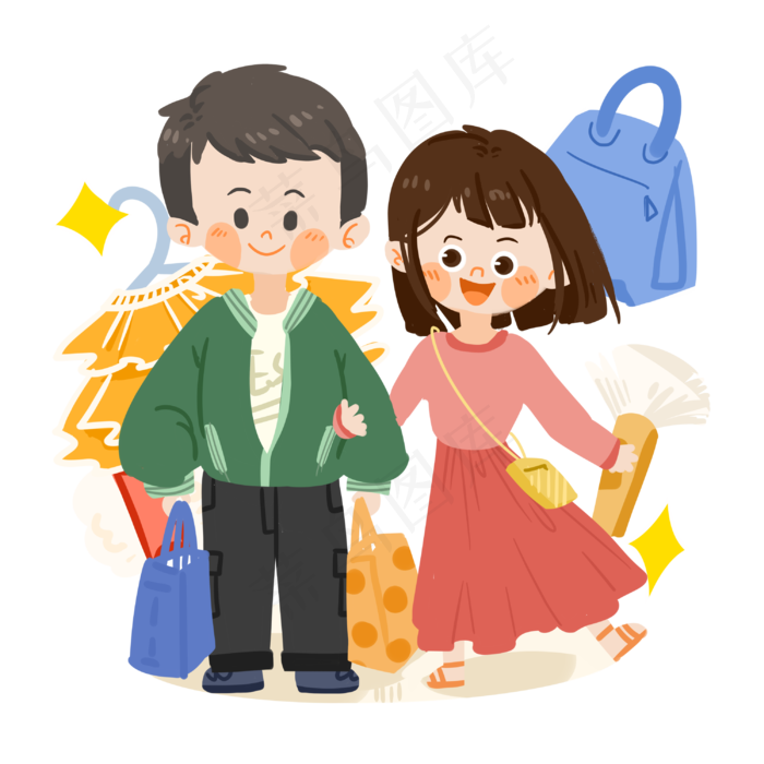 七夕卡通情侣逛街PNG素材