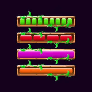 一套木制的自然游戏ui加载栏，各种颜色和风格的gui资产元素