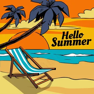 手绘哈罗夏日海滩和棕榈树