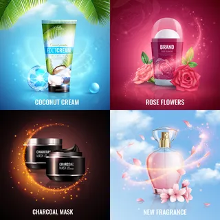 化妆品2x2设计理念，椰子奶油玫瑰花木炭面膜和新香水方形图标，装饰有神奇的飞行闪光效果逼真