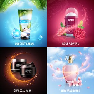化妆品2x2设计理念，椰子奶油玫瑰花木炭面膜和新香水方形图标，装饰有神奇的飞行闪光效果逼真